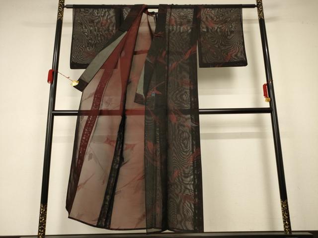 平和屋着物＊夏物 小紋 紗 枝葉文 銀糸 正絹 逸品 AABA6508jd