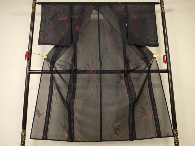 平和屋着物＊夏物 小紋 紗 枝葉文 銀糸 正絹 逸品 AABA6548jd