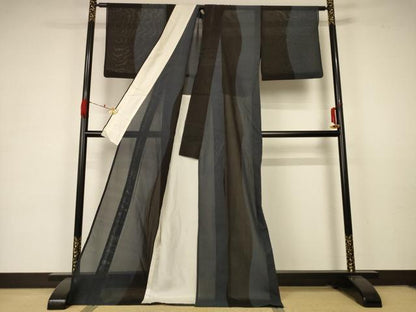 平和屋着物＊夏物 本場大島紬 夏大島 よろけ縞 ロング丈 正絹 逸品 AABA6553jd