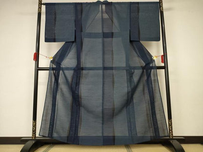 平和屋着物＊夏物 本塩沢 夏塩沢 よろけ縞 正絹 逸品 AABA6554jd