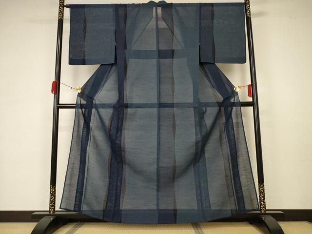 平和屋着物＊夏物 本塩沢 夏塩沢 よろけ縞 正絹 逸品 AABA6554jd