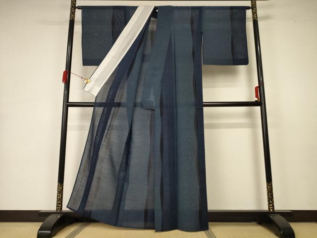 平和屋着物＊夏物 本塩沢 夏塩沢 よろけ縞 正絹 逸品 AABA6554jd