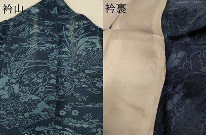 平和屋着物＊夏物 訪問着 生紬 藍 型染め 風景文 正絹 逸品 AABA6591jd
