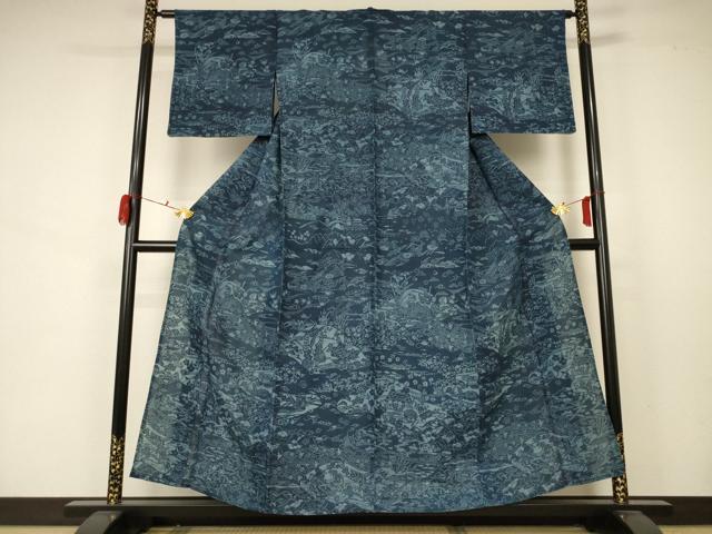 平和屋着物＊夏物 訪問着 生紬 藍 型染め 風景文 正絹 逸品 AABA6591jd