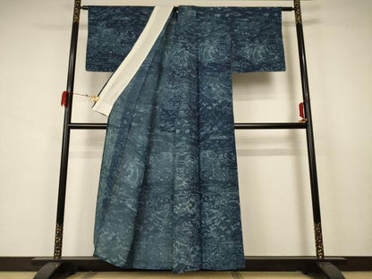 平和屋着物＊夏物 訪問着 生紬 藍 型染め 風景文 正絹 逸品 AABA6591jd