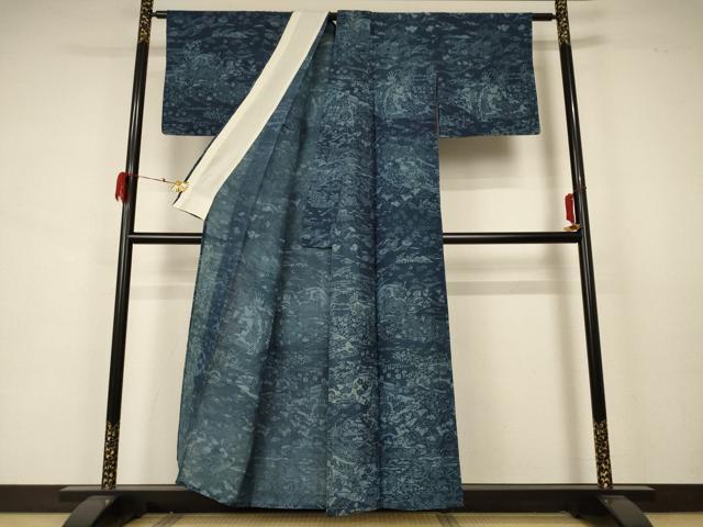 平和屋着物＊夏物 訪問着 生紬 藍 型染め 風景文 正絹 逸品 AABA6591jd