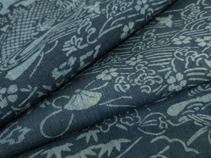 平和屋着物＊夏物 訪問着 生紬 藍 型染め 風景文 正絹 逸品 AABA6591jd
