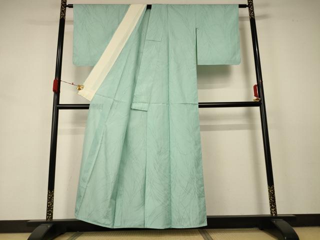 平和屋着物＊夏物 色無地 芝紋紗 薄萌葱色 正絹 逸品 AABA6599jd