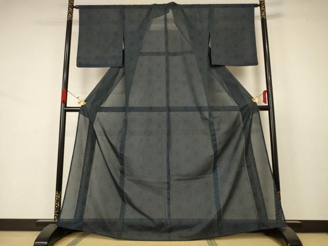 平和屋着物＊夏物 小紋 紗 麻の葉文様 洗える着物 AABA6633jd