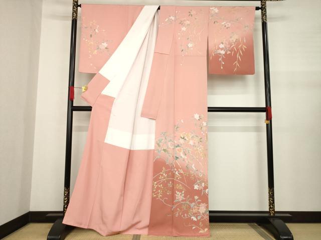 平和屋着物●訪問着 友禅 枝花文 暈し染め 金銀彩 正絹 逸品 AABA6696ck