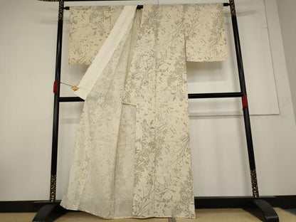 平和屋着物＊夏物 小紋 絽 草花文 銀彩 正絹 逸品 AABA6843st