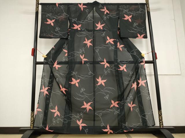 平和屋着物＊夏物 小紋 絽 舞花文 黒地 洗える着物 AABA6848st