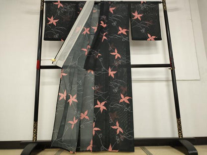 平和屋着物＊夏物 小紋 絽 舞花文 黒地 洗える着物 AABA6848st