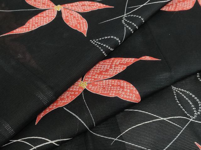 平和屋着物＊夏物 小紋 絽 舞花文 黒地 洗える着物 AABA6848st