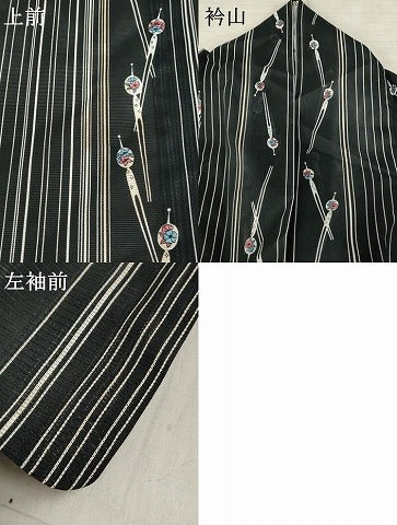 平和屋着物＊夏物 小紋 絽 簪 黒地 洗える着物 AABA6860st