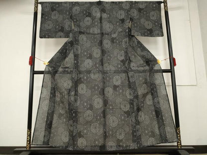 平和屋着物＊夏物 小紋 紗 亀甲麻の葉文様 黒地 正絹 逸品 AABA6879st