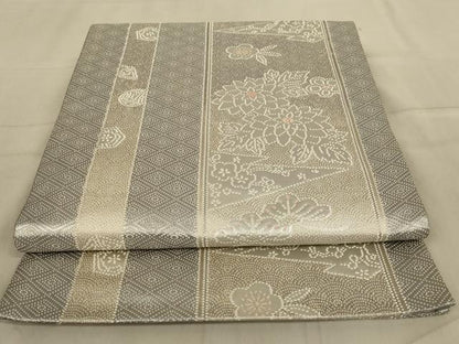 平和屋着物◎六通柄袋帯 花間道 銀糸 正絹 逸品 AABA6888ou
