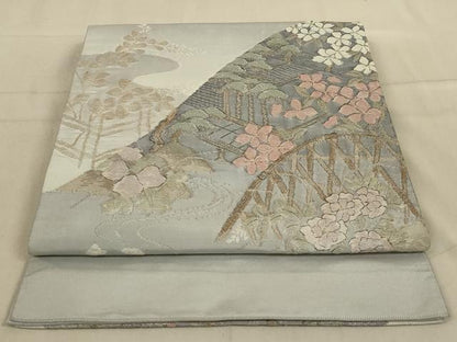 平和屋着物◎太鼓柄袋帯 風景花文 金糸 正絹 逸品 AABA6891ou