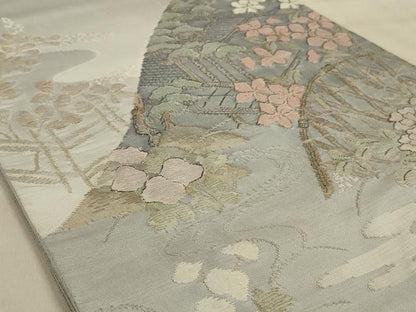 平和屋着物◎太鼓柄袋帯 風景花文 金糸 正絹 逸品 AABA6891ou