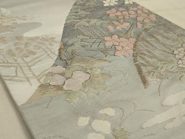 平和屋着物◎太鼓柄袋帯 風景花文 金糸 正絹 逸品 AABA6891ou