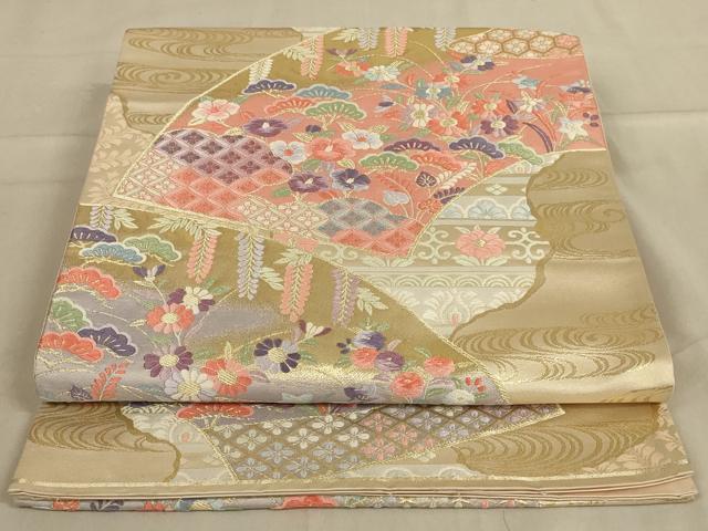 平和屋着物◎六通柄袋帯 唐織 道長取扇面小花文 金糸 正絹 逸品 AABA6915ou