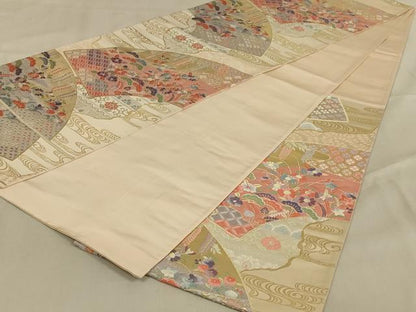平和屋着物◎六通柄袋帯 唐織 道長取扇面小花文 金糸 正絹 逸品 AABA6915ou