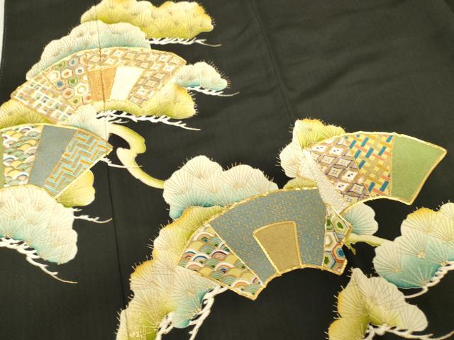 平和屋着物■豪華黒留袖　駒刺繍　地紙松文　金彩　正絹　逸品　AABA6925ma