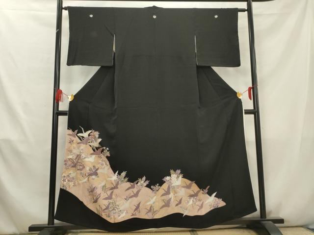 平和屋着物■豪華黒留袖　駒刺繍　飛鶴花文　金彩　正絹　逸品　AABA6947ma