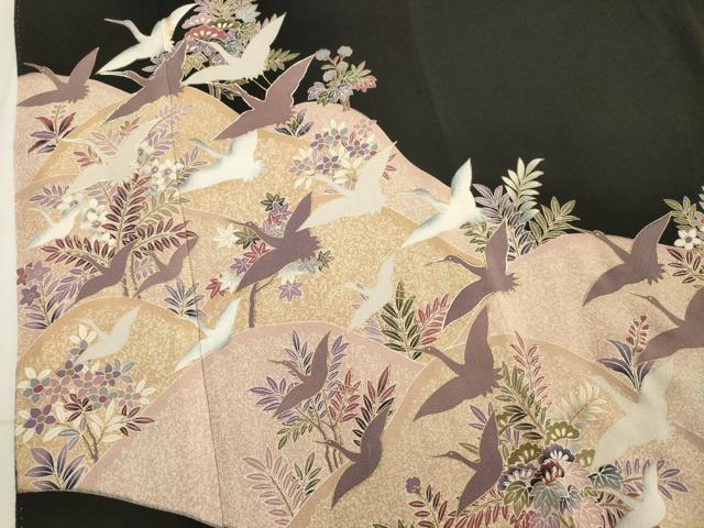 平和屋着物■豪華黒留袖　駒刺繍　飛鶴花文　金彩　正絹　逸品　AABA6947ma