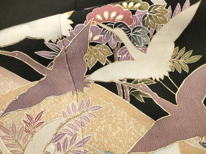 平和屋着物■豪華黒留袖　駒刺繍　飛鶴花文　金彩　正絹　逸品　AABA6947ma