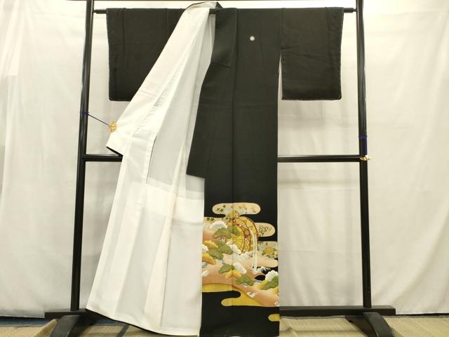 平和屋着物■豪華黒留袖　駒刺繍　水車　松　金彩　正絹　逸品　AABA6963ma