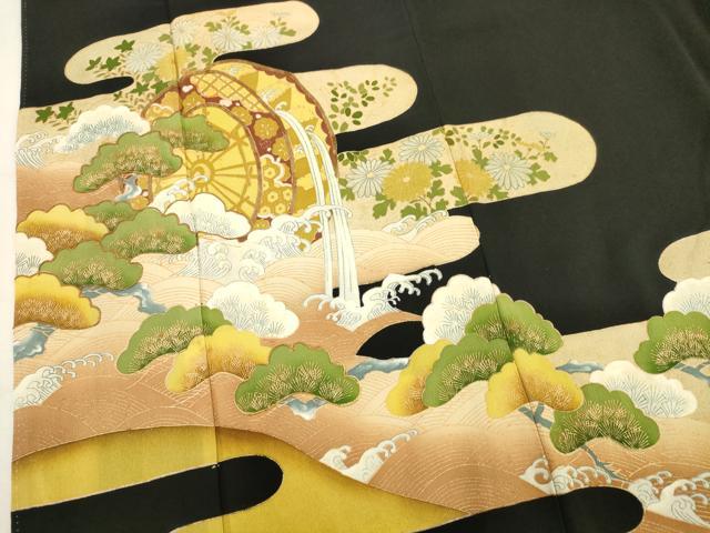平和屋着物■豪華黒留袖　駒刺繍　水車　松　金彩　正絹　逸品　AABA6963ma