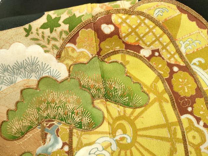平和屋着物■豪華黒留袖　駒刺繍　水車　松　金彩　正絹　逸品　AABA6963ma