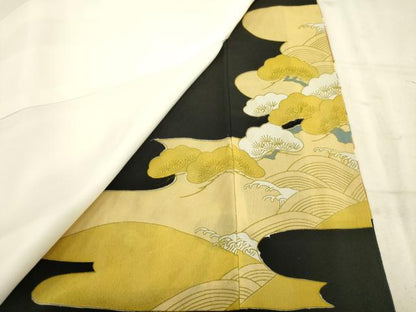 平和屋着物■豪華黒留袖　駒刺繍　水車　松　金彩　正絹　逸品　AABA6963ma