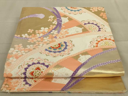 平和屋着物◎六通柄袋帯　唐織　双車　金糸　正絹　逸品　AABA7172ou