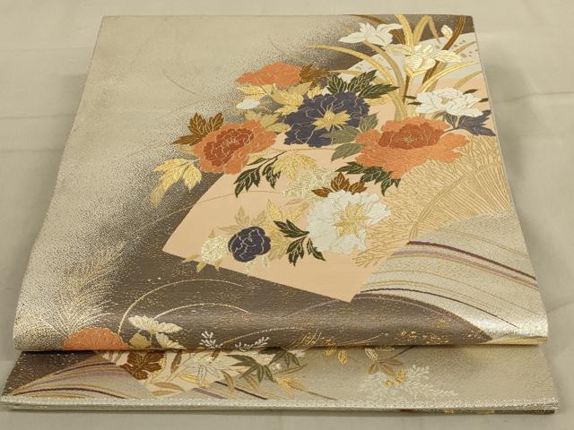 平和屋着物◎両面六通柄袋帯　唐織　地紙花文　正絹　逸品　AABA7179ou
