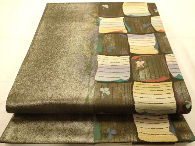 平和屋着物◎六通柄袋帯 格子花文 銀糸 正絹 逸品 AABA7219dt
