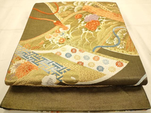 平和屋着物◎六通柄袋帯 唐織 絵巻花文 金糸 正絹 逸品 AABA7220dt