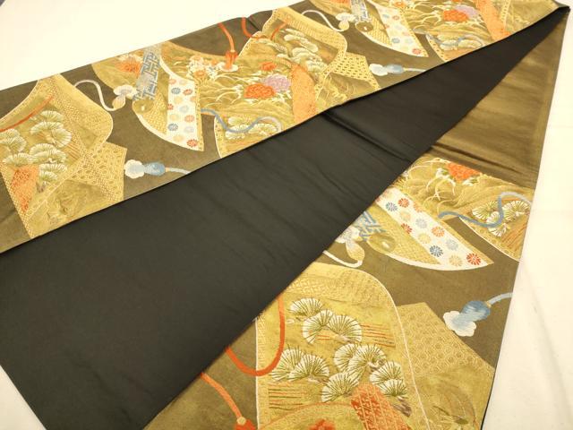 平和屋着物◎六通柄袋帯 唐織 絵巻花文 金糸 正絹 逸品 AABA7220dt