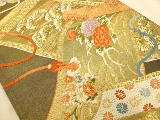 平和屋着物◎六通柄袋帯 唐織 絵巻花文 金糸 正絹 逸品 AABA7220dt