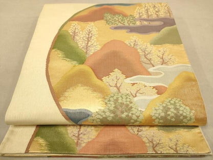 平和屋着物◎六通柄袋帯 風景文 金糸 正絹 逸品 AABA7226dt