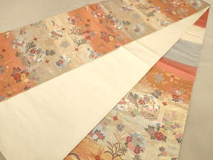 平和屋着物◎六通柄袋帯　唐織　格子花文　金糸　正絹　逸品　AABA7227dt