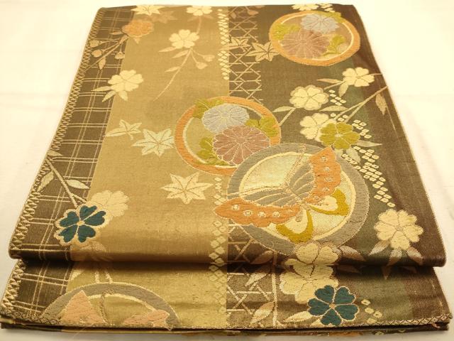 平和屋着物◎六通柄袋帯　唐織　花蝶文　金糸　正絹　逸品　AABA7238dt
