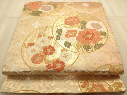 平和屋着物◎六通柄袋帯 唐織 花丸文 金糸 正絹 逸品 AABA7314dt