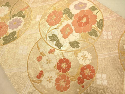 平和屋着物◎六通柄袋帯 唐織 花丸文 金糸 正絹 逸品 AABA7314dt