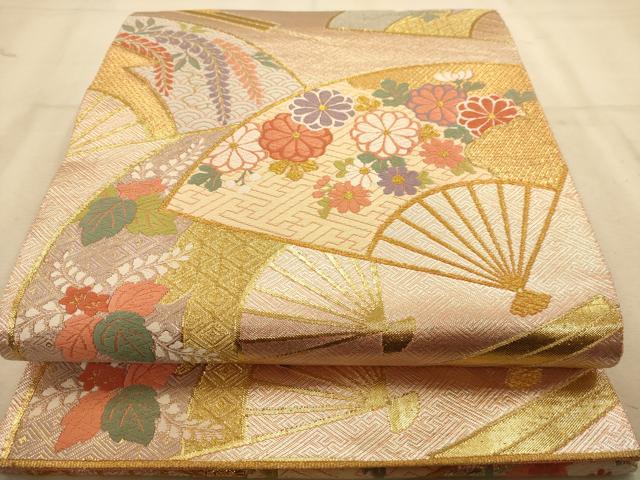平和屋着物◎六通柄袋帯 唐織 扇面花文 金糸 正絹 逸品 AABA7315dt
