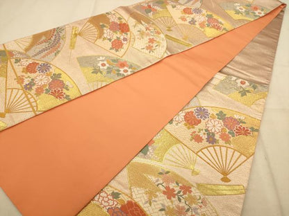平和屋着物◎六通柄袋帯 唐織 扇面花文 金糸 正絹 逸品 AABA7315dt