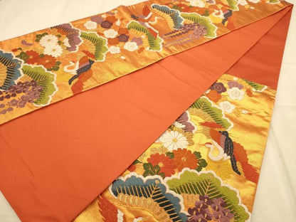 平和屋着物◎六通柄袋帯 唐織 飛鶴花文 金糸 正絹 逸品 AABA7336dt