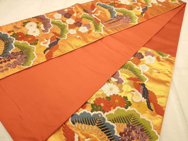 平和屋着物◎六通柄袋帯 唐織 飛鶴花文 金糸 正絹 逸品 AABA7336dt