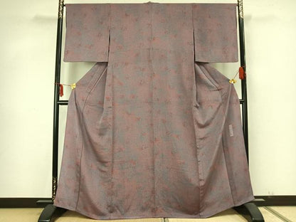 平和屋着物▽人間国宝・南部芳松の息子 伝統工芸伝承者彫刻・南部幸雄　型染　小紋　単衣　花蝶文　鬼しぼ縮緬　正絹　逸品　AABA7401fy